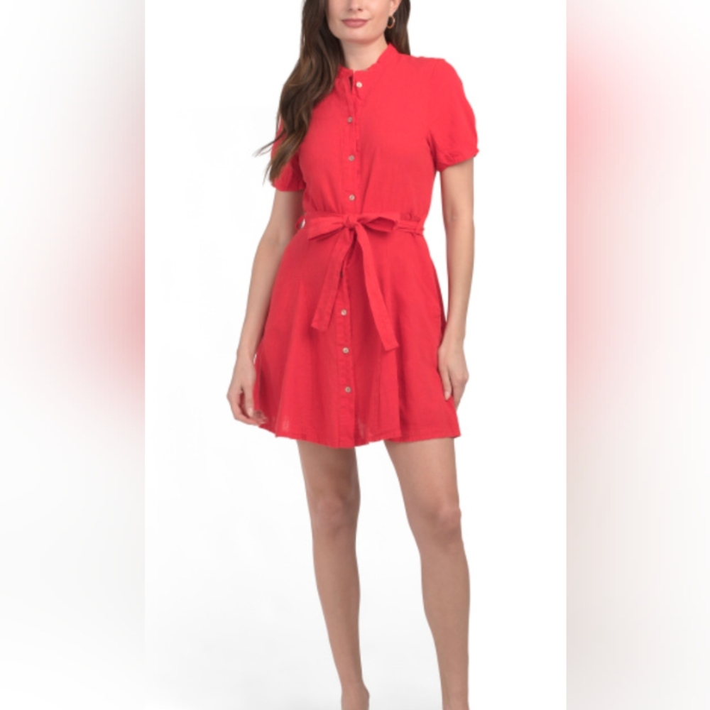 Italian Linen Fit And Flare Button Up Dress On Coral Red